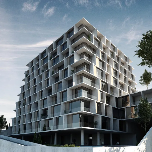 Architectural visualization of a contemporary residential building with planted balconies