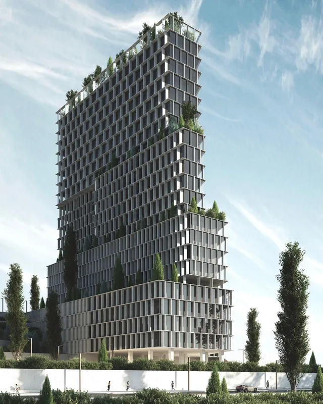 Architectural visualization of a tall residential building with a sculpted facade